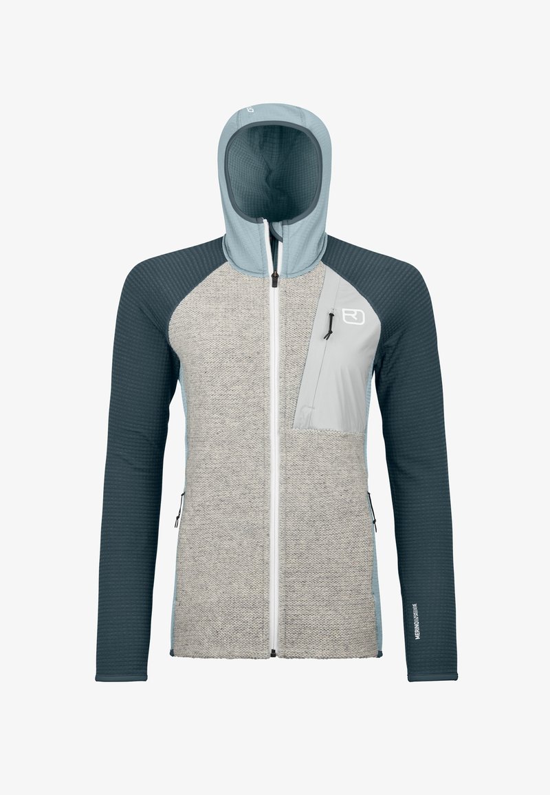 Lightweight hooded jacket featuring a blend of gray and navy blue materials, zippered front, textured sleeves, and a chest pocket.