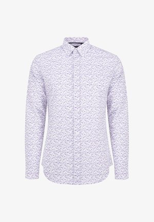Koszula z długim rękawem, zapinana na guziki, w jasnofioletowym kolorze z wirującym wzorem w ciemniejszym fiolecie. Charakteryzuje się klasycznym kołnierzykiem i prostym wykończeniem.