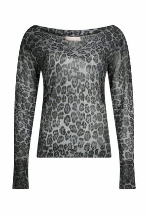 Langärmlige, schulterfreie Bluse aus strukturiertem grauem Stoff mit einem schwarzen Leopardenmuster. Weiches, leichtes Material mit dezentem Glanz.