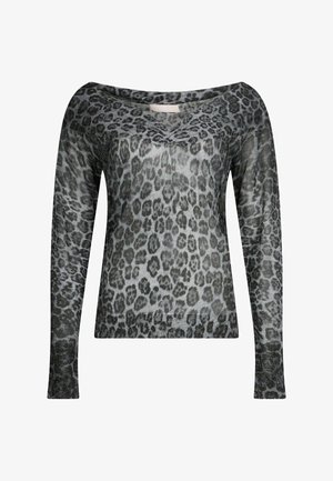 Langärmlige, schulterfreie Bluse aus strukturiertem grauem Stoff mit einem schwarzen Leopardenmuster. Weiches, leichtes Material mit dezentem Glanz.