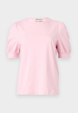 Rosa T-Shirt mit kurzen Puffärmeln, Rundhalsausschnitt, aus weichem Stoff. Einfaches Design ohne Muster oder Akzente.
