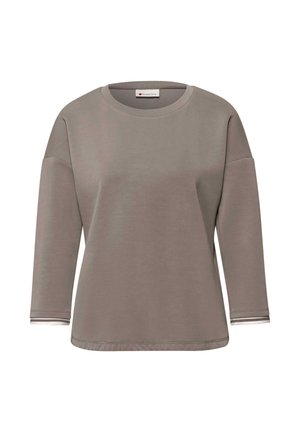 Taupekleurige sweat met lange mouwen, ronde hals, verlaagde schouders en subtiele witte gestreepte manchetten.
