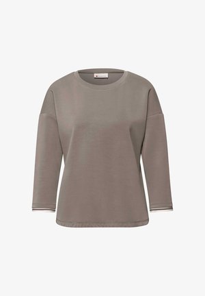 Tumma harmaanruskea pitkähihainen collegepaita pyöreällä pääntiellä, lasketuilla hartioilla ja hillityillä valkoisilla raidallisilla resoreilla.