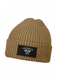 Brown rib-knit beanie with folded edge featuring a black patch labeled "valhalla" and crossed Viking axes graphic.