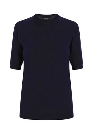 Mornarsko modra kratka majica s kratkimi rokavi in okroglim izrezom ter rebrastim robom. Narejena iz mehkega materiala, ki prikazuje gladko teksturo in minimalističen dizajn.