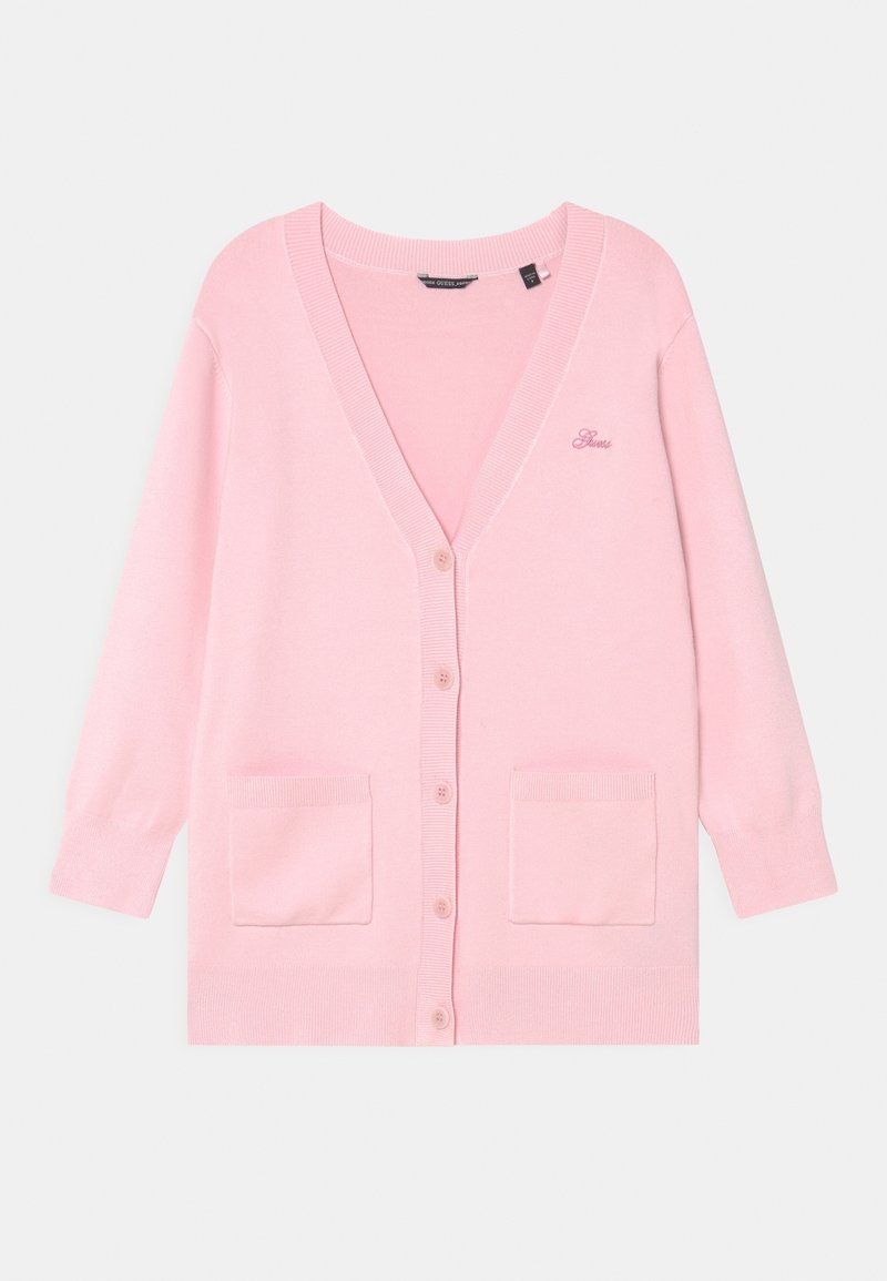 Cardigan rose clair à manches longues avec col en V, boutons à l'avant, deux poches avant et petit logo brodé sur la poitrine gauche.