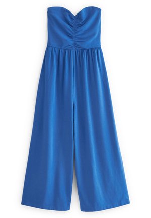 Combinaison bleu cobalt à jambes larges sans bretelles avec un décolleté cœur froncé et une taille froncée, réalisée dans un tissu doux.