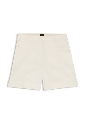 Light beige tailored shorts with belt loops, front pockets, and cuffed hems, laid flat on a white background.