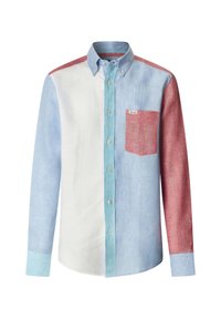 Camicia a maniche lunghe con bottoni e design a blocchi di colore in azzurro, bianco, verde acqua e rosso, con una tasca sul petto rossa con una piccola etichetta.
