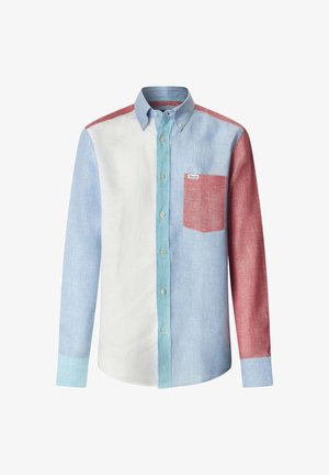 Overhemd met lange mouwen en knopen met een kleurblokkenontwerp in lichtblauw, wit, teal en rood, met een rood borstzakje met een klein label.