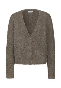 Brun, fluffig cardigan med V-ringning, långa ärmar och knappstängning fram. Texturtyg med en mjuk, mysig känsla.