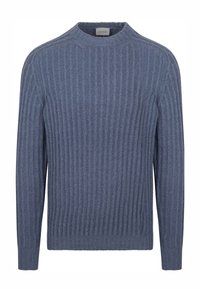 Blauw geribbeld sweater gemaakt van textuurstof. Beschikt over een ronde halslijn en lange mouwen met een aansluitende manchette, wat een slanke silhouet biedt.