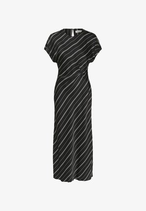 Must musträtik, millel on lühikesed varrukad, vöökoha peal keerutamisdetail ja valged diagonaalsed triibud. Sile, kerge kangas ja lõdva lõikega.