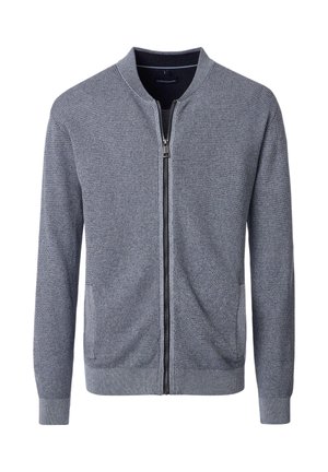 Hellgrauer gestrickter Langarm-Zip-Up-Cardigan mit geripptem Kragen, Bündchen und Saum, ausgestattet mit zwei frontalen Taschen.