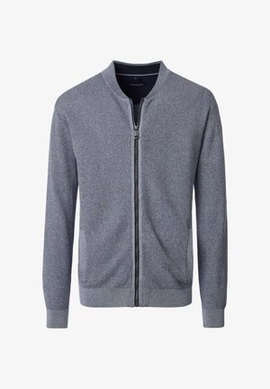 Cardigan zip-up a maniche lunghe di colore grigio chiaro, lavorato a maglia, con colletto, polsini e fondo a costine, dotato di due tasche frontali.
