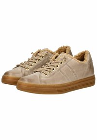 Sneakers beige con lacci, dotati di una tomaia in pelle testurizzata, rivestimento in pelliccia sintetica e suola in gomma con bordo decorato e occhielli dorati.