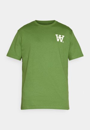 Green cotton t-shirt with a crew neck, short sleeves, and a white logo on the left chest. Smooth texture, relaxed fit.