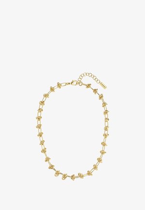 Collier en chaîne dorée avec des motifs de nœuds entrelacés, doté d'un fermoir à homard et d'une chaîne ajustable pour personnaliser la longueur.