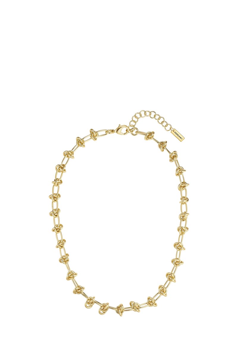 Zelta kaklarota ar savstarpēji saistītiem mezglu dizainiem, ar omāru aizdari un regulējamu ķēdi garuma pielāgošanai.