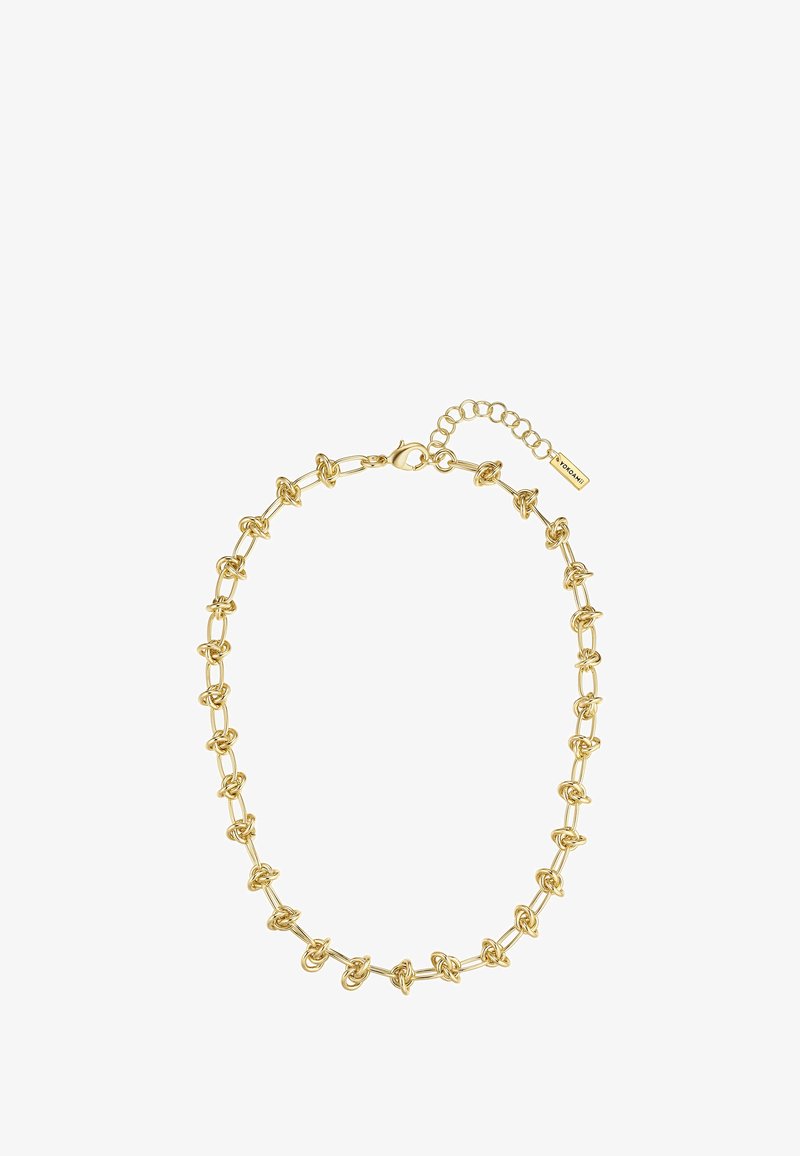 Zelta kaklarota ar savstarpēji saistītiem mezglu dizainiem, ar omāru aizdari un regulējamu ķēdi garuma pielāgošanai.