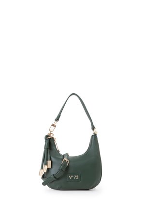 Sac à main en cuir vert foncé avec poignée courte, ferrures dorées, pampilles et un patch logo "V°73" à l'avant.