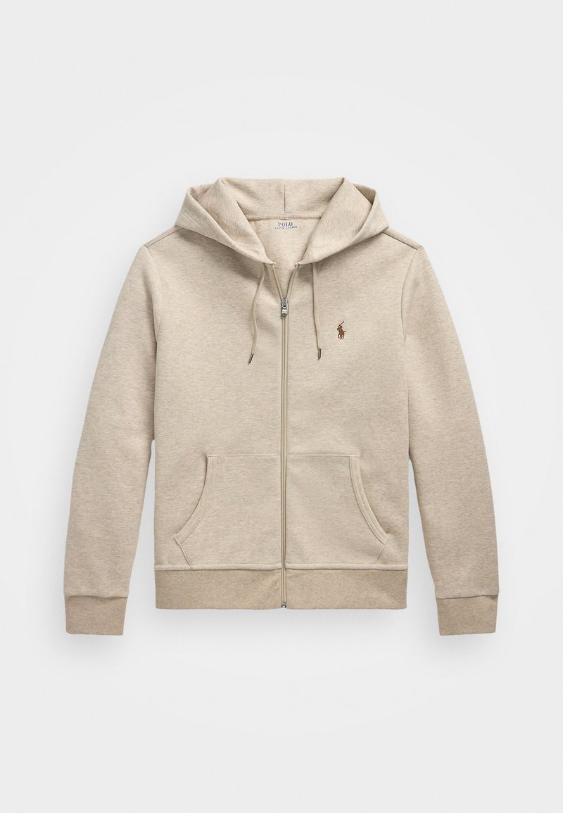 Beige zip-up hoodies i mjukt tyg. Har en framzipper, två sidofickor och en dragkedja på huvan; inkluderar en liten logotyp på bröstet.