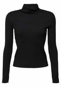 Czarny prążkowany sweter z golfem, długimi rękawami i dopasowanym krojem, charakteryzujący się miękką fakturą i pionowym wzorem w paski.