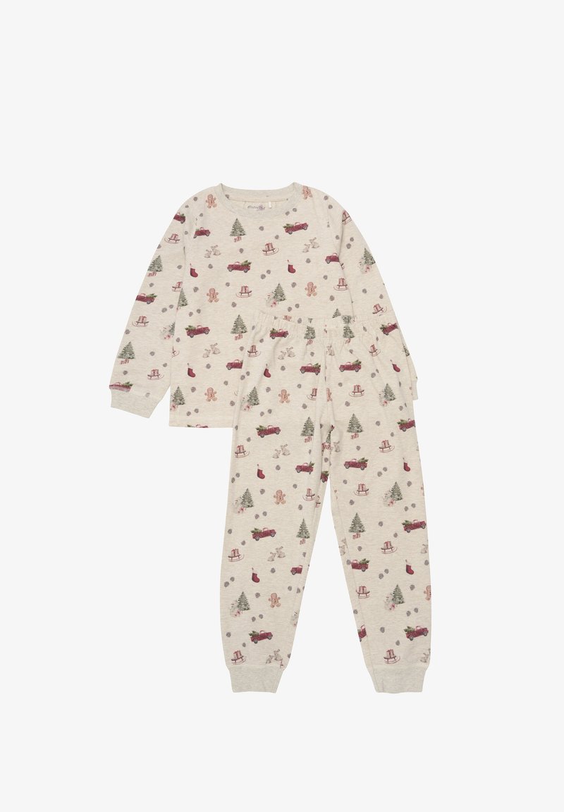 Cotton pajamas set featuring a long-sleeve top and pants. Light gray with red trucks, Christmas trees, gingerbread men, and ornaments patterns.