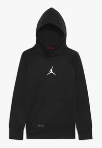 Černá mikina s klokaní kapsou, s bílým logem Jumpman na hrudi a textem "DRI-FIT" poblíž kapsy. Hladký materiál, provedení na přetáhnutí.
