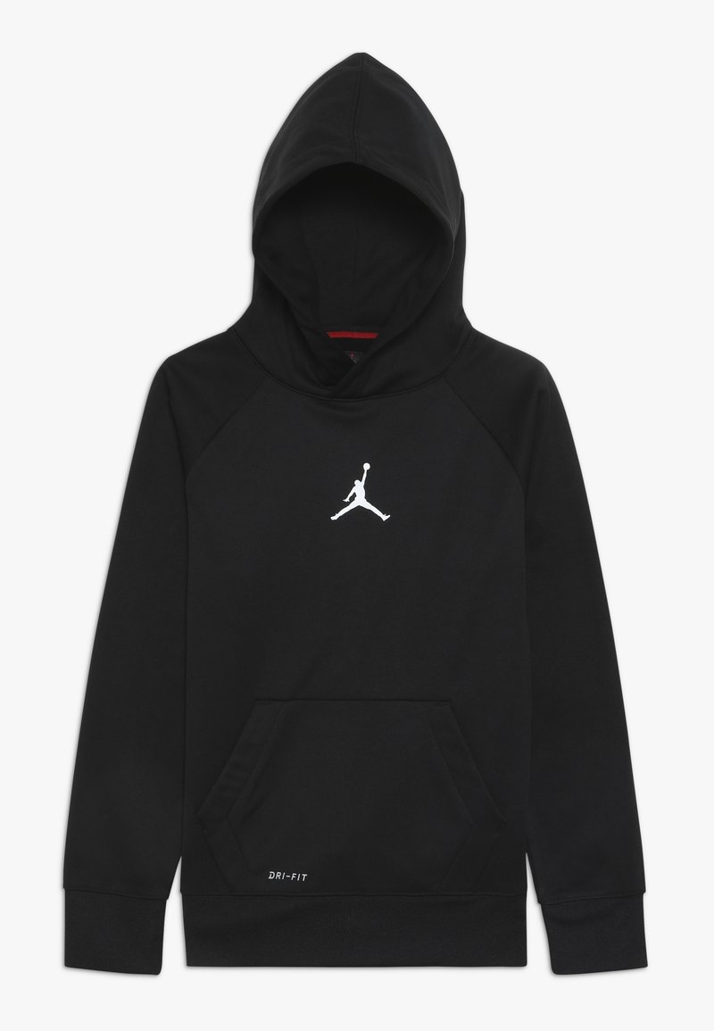 Černá mikina s klokaní kapsou, s bílým logem Jumpman na hrudi a textem "DRI-FIT" poblíž kapsy. Hladký materiál, provedení na přetáhnutí.