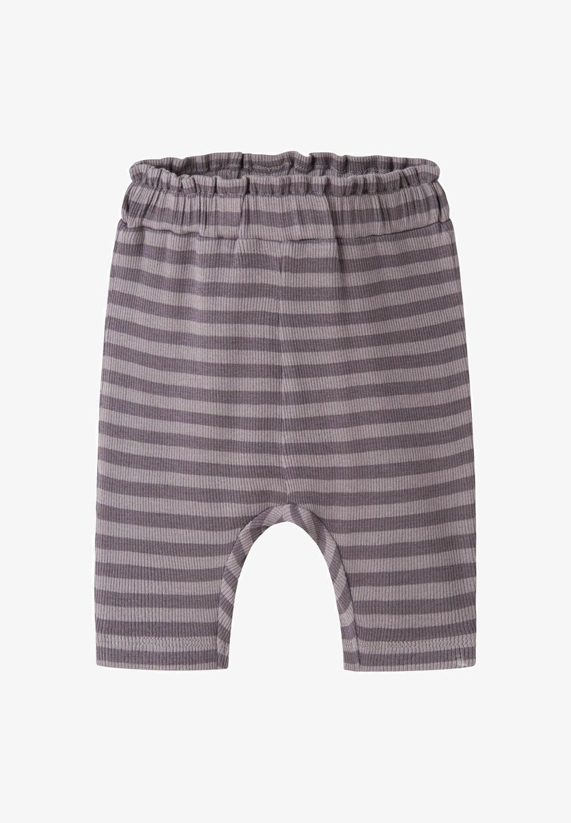 Pantalon bébé en coton doux avec rayures horizontales gris et gris clair et taille élastique, conçu pour le confort et la facilité de mouvement.