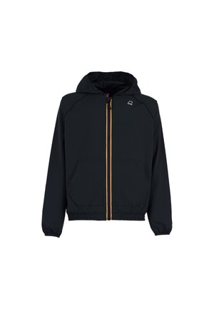 Veste à capuche noire avec manches longues, poignets élastiques, deux poches avant et une fermeture éclair contrastante. Présente un logo sur la zone du côté gauche de la poitrine.
