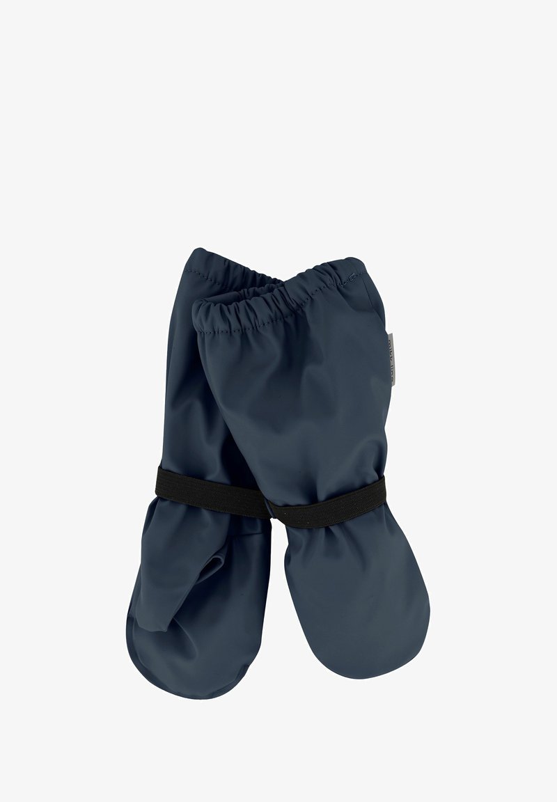 Donkerblauwe waterdichte wanten met elastische polsen en een zwarte band voor een veilige pasvorm, gemaakt van soepel synthetisch materiaal.