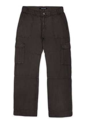 Cargo hlače v temno sivi tkanini z več žepi, sprednjim gumbom in šivanim detajlom ob šivih. Raven sprednji del in sproščen kroj.