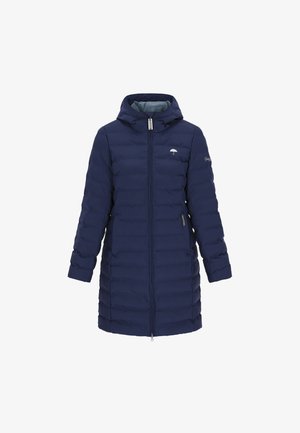 Marineblauwe gewatteerde jas met een capuchon, voorrits en zijzakken. Heeft een gladde textuur en een klein logo op de borst.