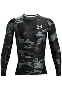 Langarmige Under Armour compressie shirt met zwart en grijs digitaal camouflagemotief en wit logo op de borst.