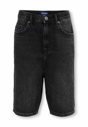 Zwarte denim shorts met knoop en ritssluiting aan de voorkant, riemlussen en voorzakken, met het label "Only & Sons" op de tailleband.