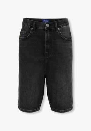 Sorte denimshorts med forreste knap og lynlås, bæltestropper og forlommer, mærket "Only & Sons" på taljebåndet.