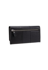 Portafoglio in pelle nera con un pannello testurizzato, scomparto con cerniera e design rettangolare elegante con dettagli di cucitura in contrasto.