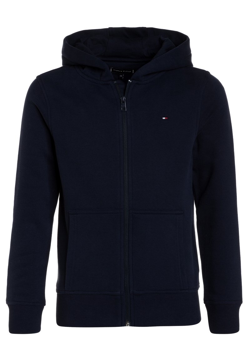 Marinblå zip-up huvtröja, tillverkad av mjukt tyg, har en huva med dragsko, framfickor och ribbade mudd för en bekväm passform.