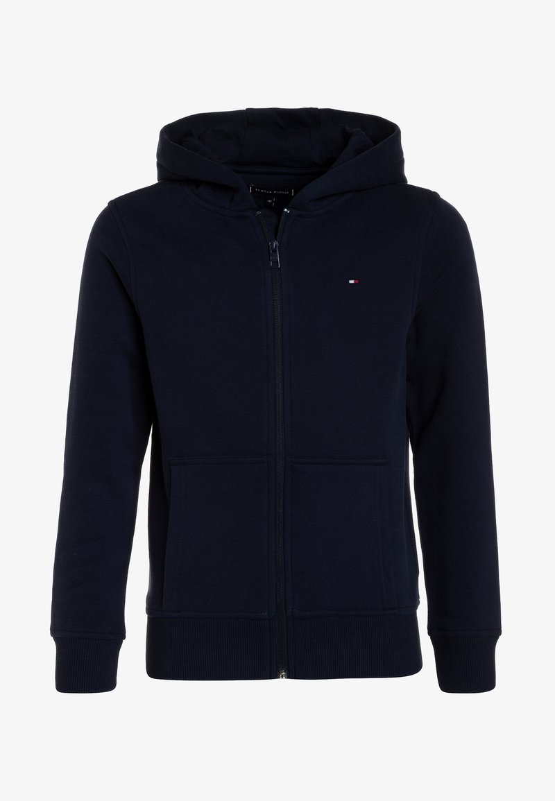 Haut à capuche zippé bleu marine, fabriqué en tissu doux, doté d'une capuche avec cordon de serrage, de poches avant et de manches côtelées pour un ajustement confortable.