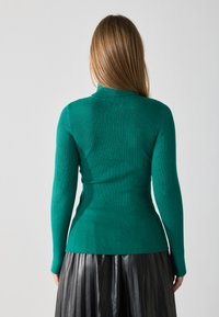 Grønn ribbestrikket genser med lange ermer, smal midje og høy krage, kombinert med et svart plisserte skjørt. Glatt tekstur og strukturert design.