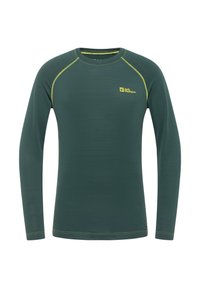 Chemise à manches longues en tissu vert foncé avec texture côtelée, présentant un design ajusté et des coutures et un logo jaunes contrastants.