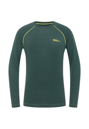 Camicia a maniche lunghe in tessuto verde scuro con texture a coste, caratterizzata da un design aderente e cuciture e logo gialli a contrasto.