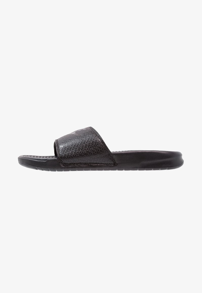 Sandale slide noire avec semelle texturée et large bride présentant un motif répétitif de petits textes.