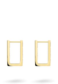 Goldfarbene rechteckige Hängeohrringe mit einer glatten metallischen Oberfläche und abgerundeten Kanten, die an den Seiten ein strukturiertes Linienmuster aufweisen.