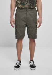 Pantaloni cargo di colore verde oliva scuro, realizzati in tessuto leggero. Presentano tasche laterali, taglio dritto e cuciture a contrasto. Abbinati a sneaker nere.