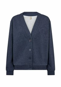 Marineblauwe cardigan gemaakt van zacht materiaal, met een V-hals, lange mouwen, knopen aan de voorkant en een reliëflogo op de borst.