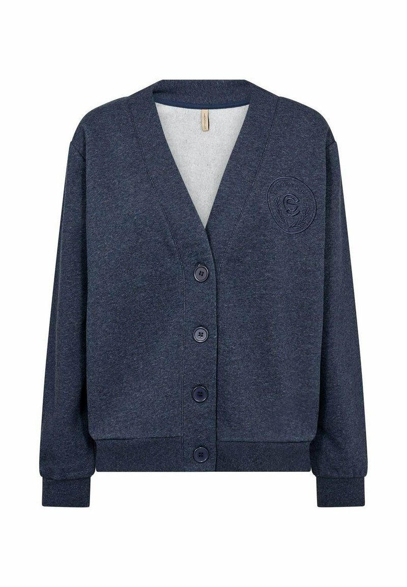 Marineblauwe cardigan gemaakt van zacht materiaal, met een V-hals, lange mouwen, knopen aan de voorkant en een reliëflogo op de borst.