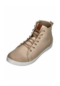 Beige high-top sneakers with smooth leather uppers, white rubber soles, and lace-up front. Features metal eyelets and tan leather accents.